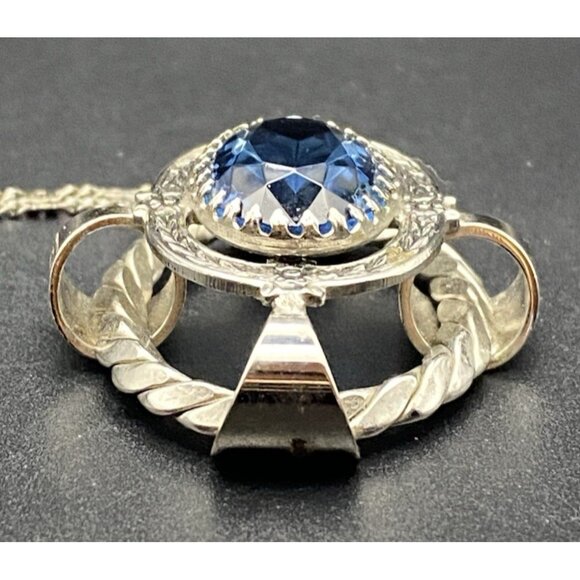 Vintage Blue Glass Pendant Necklace Faceted Silver Tone Dog Tooth Ornate Setting - Picture 5 of 9